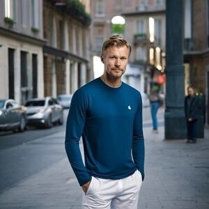 Apple Unisex Turquoise Blue Cotton Long Sleeve Tee XLT Crew Neck NWT